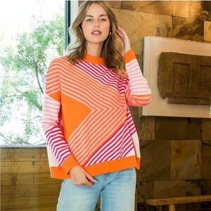 THML Orange, Pink and White Geometric Crewneck Sweater